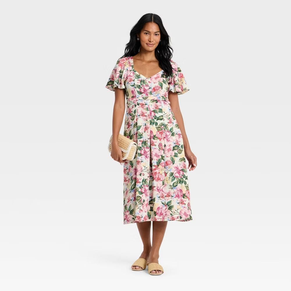 A New Day Women Flutter Sleeve Belted Midi Dress, Pink Green Floral, Size 12 NWT